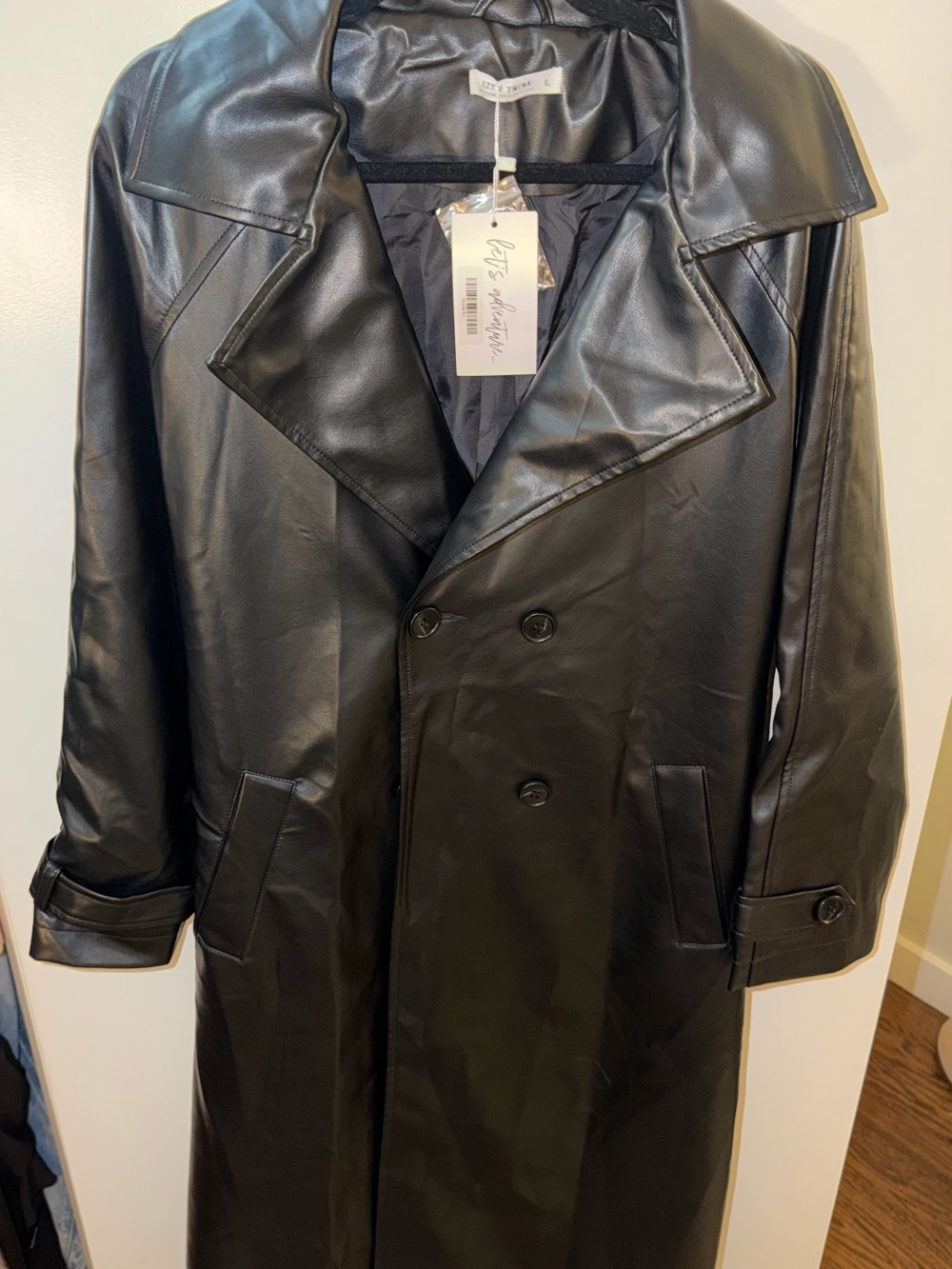 12th Tribe Black Faux Leather Long Trench Coat
